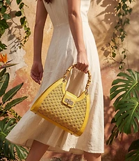 BRAHMIN Vivid Yellow Sunshadow Collection Adrian Raffia Bamboo Handle Turnlock Satchel Bag