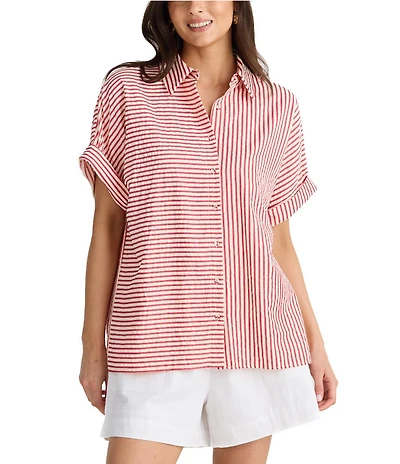 Brave + True Alice Striped Seersucker Short Sleeve Collared Button Front Striped Woven Coordinating Shirt