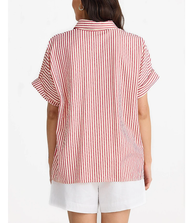 Brave + True Alice Striped Seersucker Short Sleeve Collared Button Front Striped Woven Coordinating Shirt