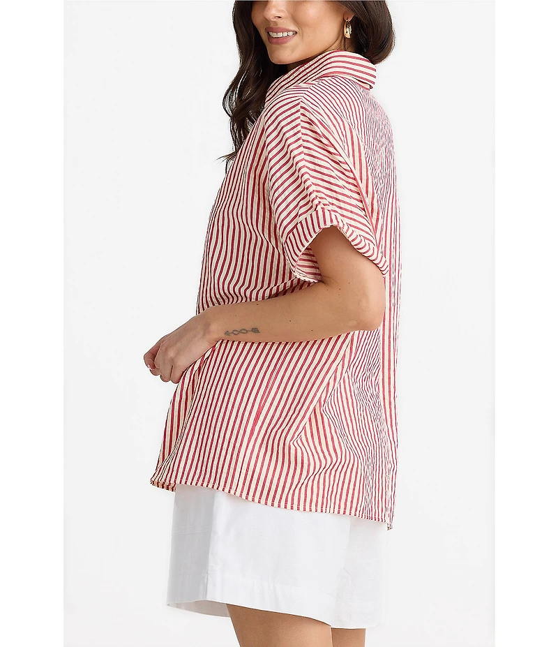 Brave + True Alice Striped Seersucker Short Sleeve Collared Button Front Striped Woven Coordinating Shirt