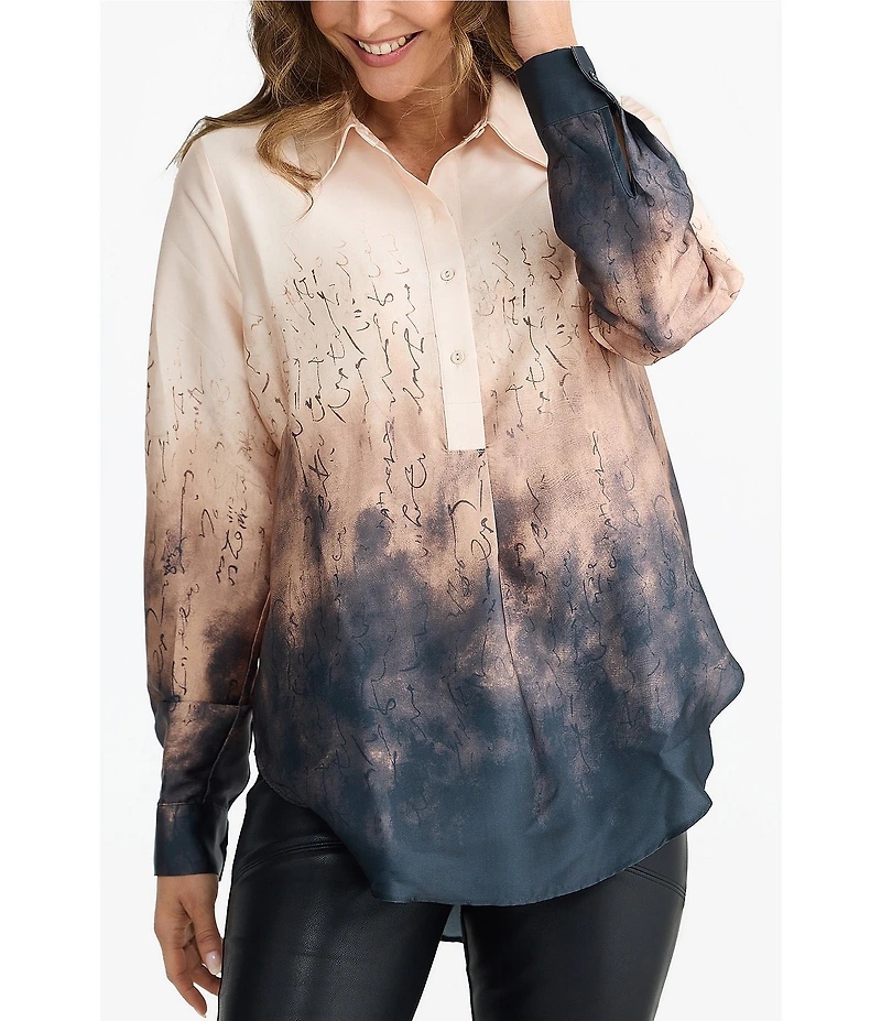 Brave + True Astrid Coordinating Woven Ombre Placement Print Long Sleeve Collared Shirt