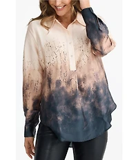 Brave + True Astrid Coordinating Woven Ombre Placement Print Long Sleeve Collared Shirt