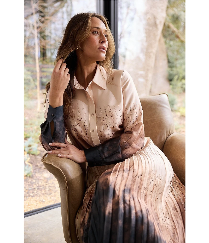 Brave + True Astrid Coordinating Woven Ombre Placement Print Long Sleeve Collared Shirt