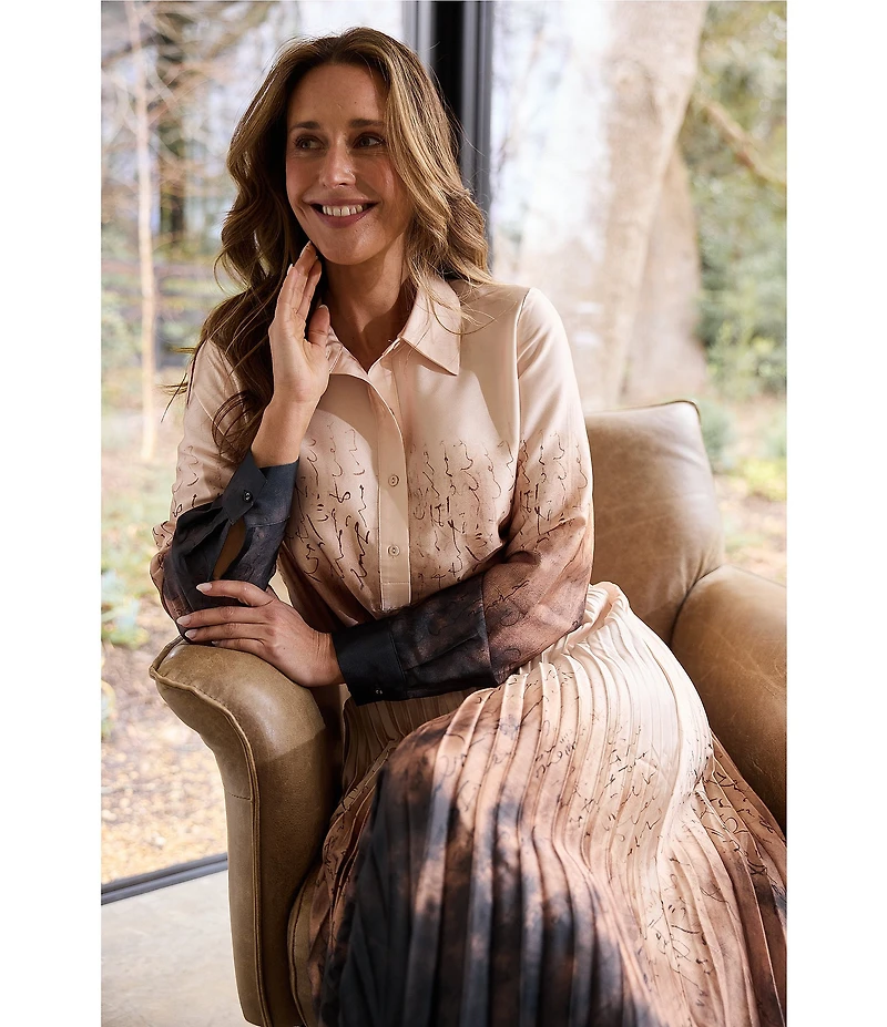 Brave + True Astrid Coordinating Woven Ombre Placement Print Long Sleeve Collared Shirt