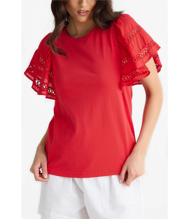Brave + True Chloe Short Flare Lace Insert Sleeve Crew Neckline Knit Tee