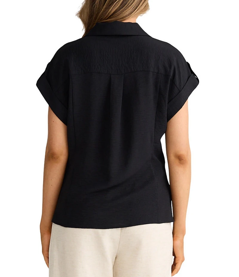 Brave + True Cotton Blend Short Cuffed Sleeve Collared Button Front Top