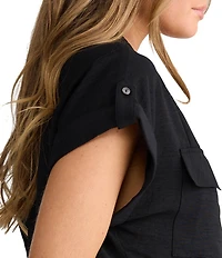 Brave + True Cotton Blend Short Cuffed Sleeve Collared Button Front Top