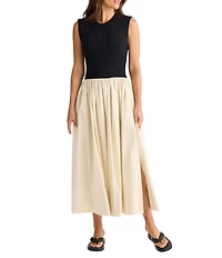 Brave + True Daphne Jersey Rib Cotton Solid Body Striped Skirt Sleeveless Crew Neck Maxi Dress