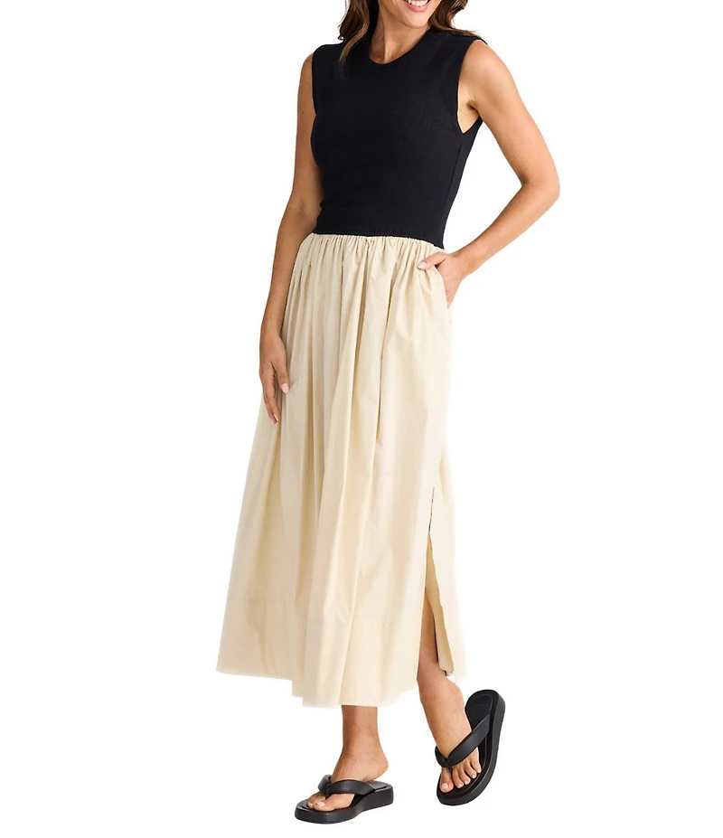 Brave + True Daphne Jersey Rib Cotton Solid Body Striped Skirt Sleeveless Crew Neck Maxi Dress