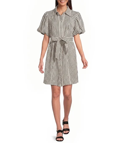 Brave + True Lenni Gingham Button Front Belted Mini Dress