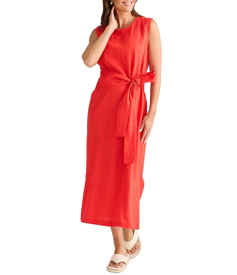 Brave + True Linen Blend Sleeveless Tie Front Smocked Back Midi Dress