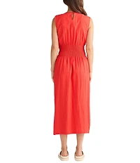 Brave + True Linen Blend Sleeveless Tie Front Smocked Back Midi Dress