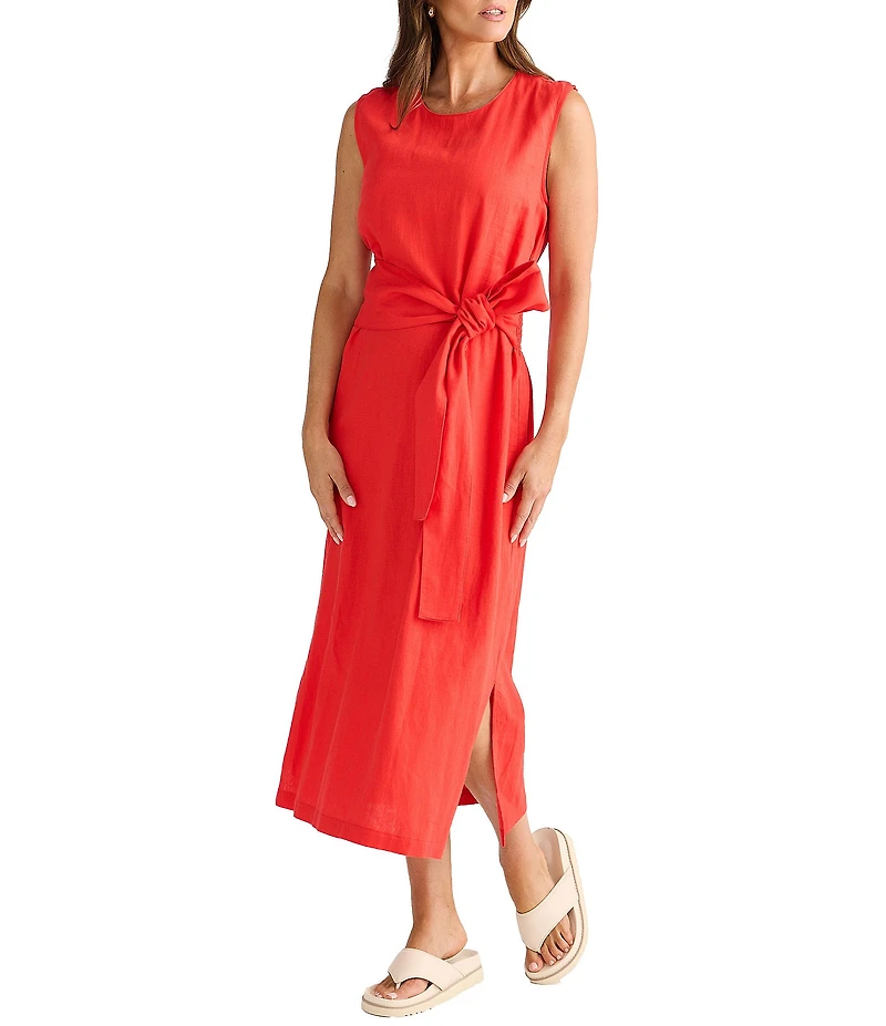 Brave + True Linen Blend Sleeveless Tie Front Smocked Back Midi Dress