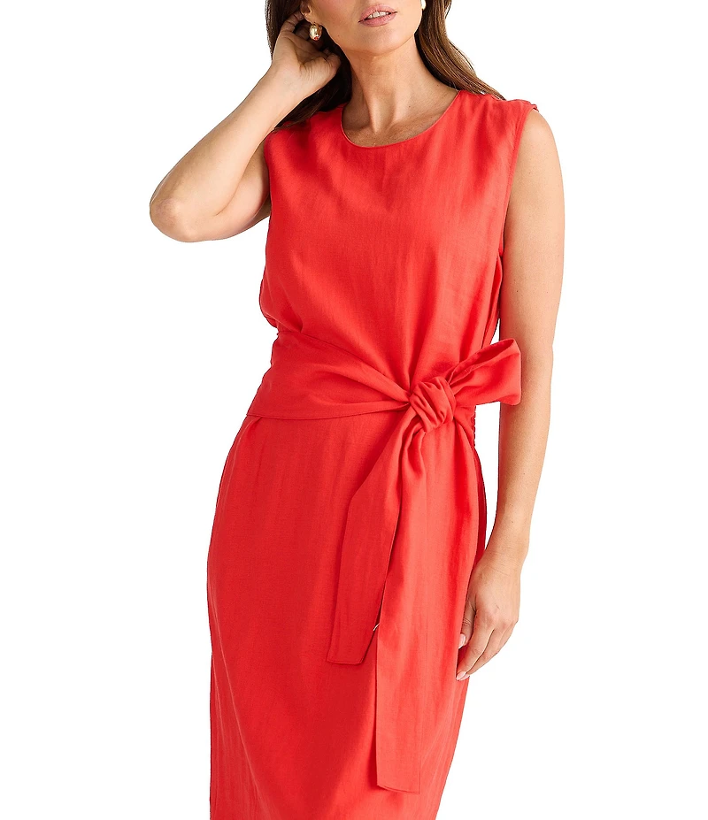 Brave + True Linen Blend Sleeveless Tie Front Smocked Back Midi Dress