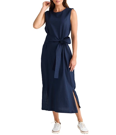 Brave + True Linen Blend Sleeveless Tie Front Smocked Back Midi Dress