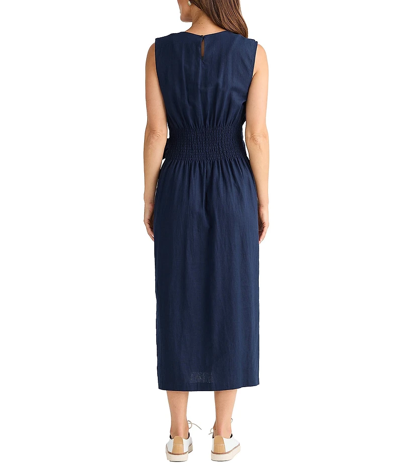Brave + True Linen Blend Sleeveless Tie Front Smocked Back Midi Dress