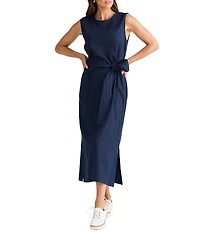 Brave + True Linen Blend Sleeveless Tie Front Smocked Back Midi Dress