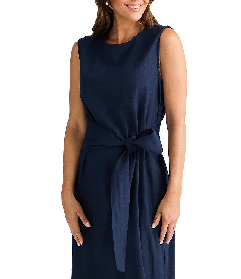 Brave + True Linen Blend Sleeveless Tie Front Smocked Back Midi Dress