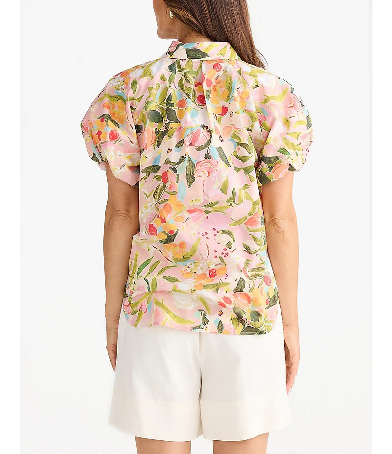 Brave + True Meadow Floral Collared Short Puff Sleeve Button Front Blouse