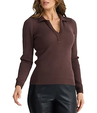 Brave + True Mimi Long Sleeve Collared Split V-Neckline Ribbed Sweater Top