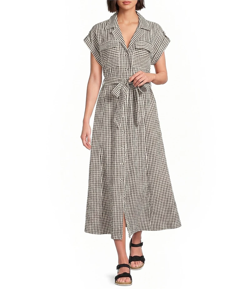 Brave + True Portia Gingham Short Sleeve Collared Button Front Midi Shirt Dress
