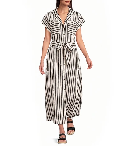 Brave + True Portia Short Sleeve Striped Collared Button Front Midi Shirt Dress