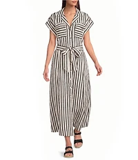 Brave + True Portia Short Sleeve Striped Collared Button Front Midi Shirt Dress