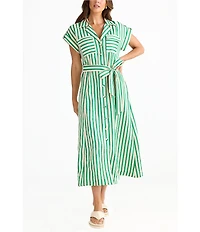 Brave + True Portia Short Sleeve Striped Collared Button Front Midi Shirt Dress