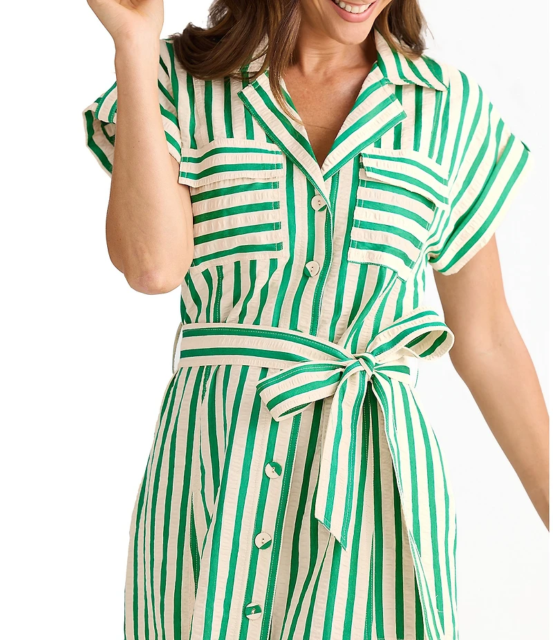Brave + True Portia Short Sleeve Striped Collared Button Front Midi Shirt Dress
