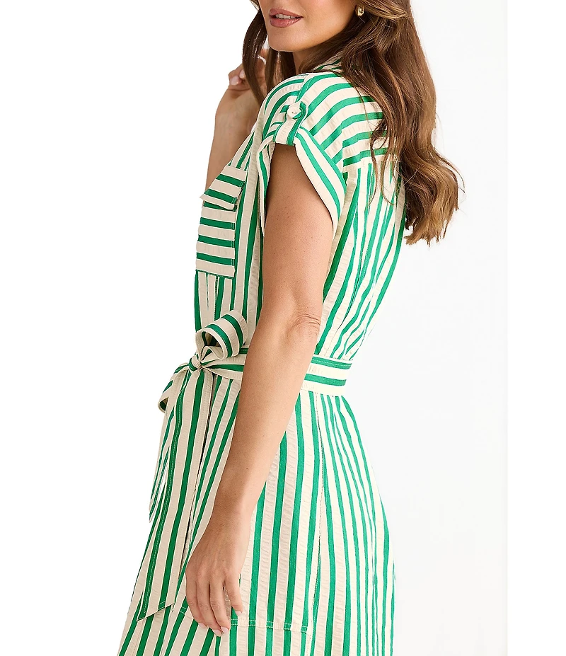 Brave + True Portia Short Sleeve Striped Collared Button Front Midi Shirt Dress