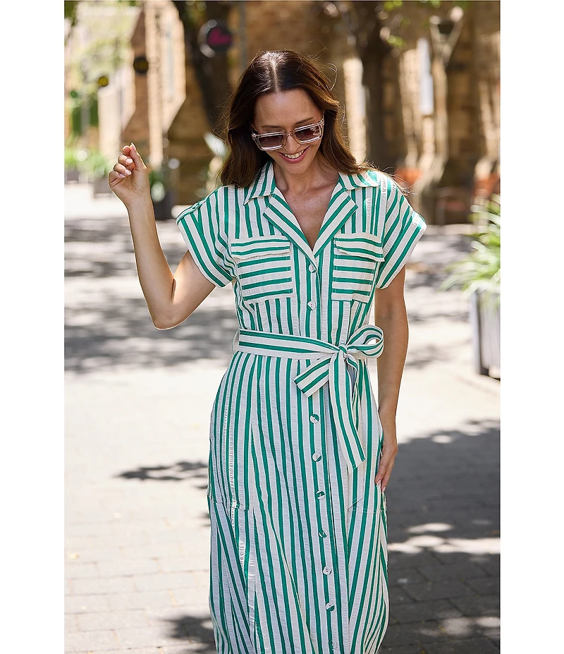 Brave + True Portia Short Sleeve Striped Collared Button Front Midi Shirt Dress