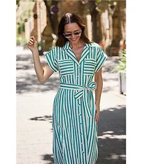Brave + True Portia Short Sleeve Striped Collared Button Front Midi Shirt Dress