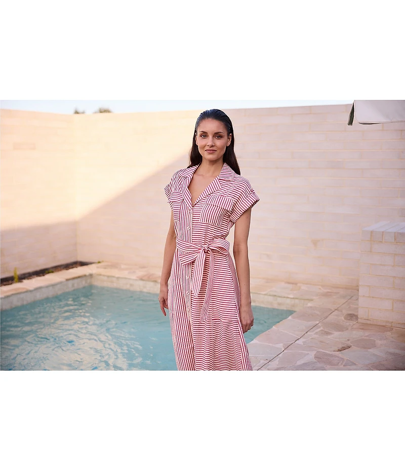 Brave + True Portia Short Sleeve Striped Collared Button Front Midi Shirt Dress