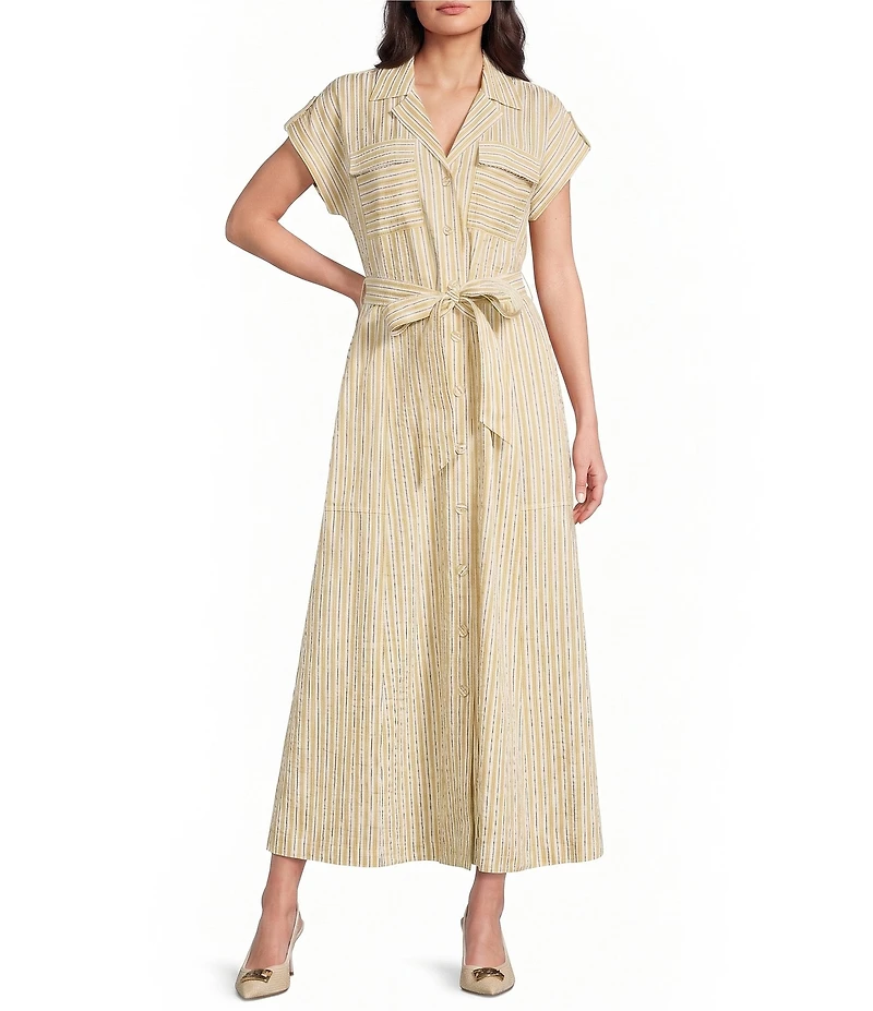 Brave + True Portia Striped Short Sleeve Collared Button Front Midi Shirt Dress