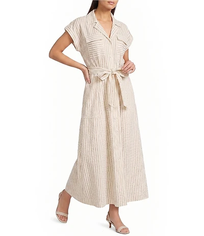 Brave + True Portia Striped Short Sleeve Collared Button Front Midi Shirt Dress
