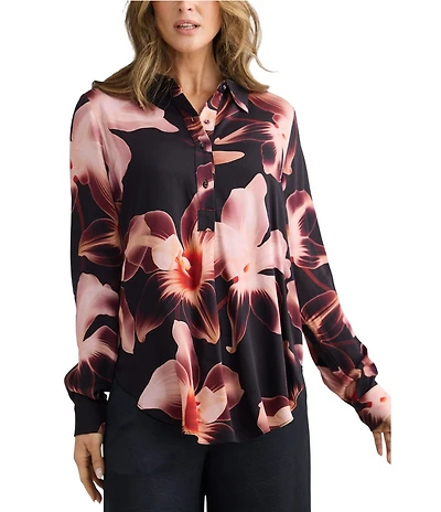 Brave + True Coordinating Floral Print Woven Long Sleeve Astrid Collared Top