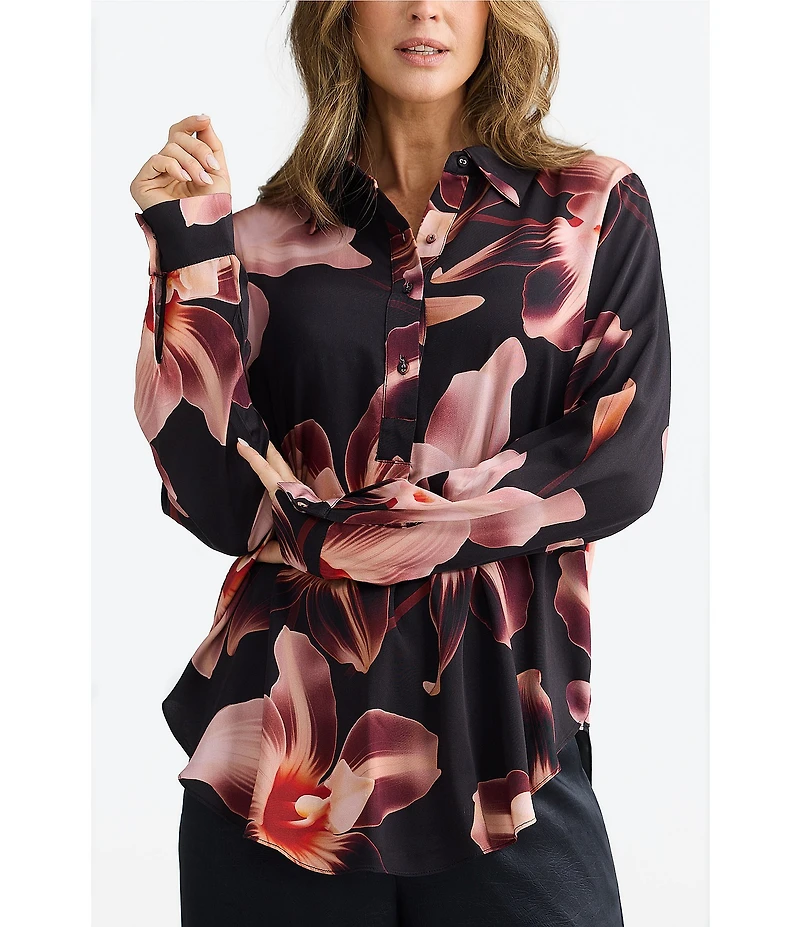 Brave + True Coordinating Floral Print Woven Long Sleeve Astrid Collared Top