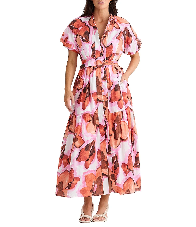 Brave + True Amour Floral Print Mandarin Collar Button Front Belted Short Puff Sleeve Maxi Dress