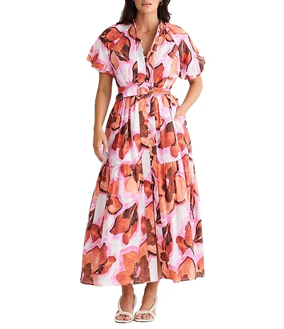 Brave + True Amour Floral Print Mandarin Collar Button Front Belted Short Puff Sleeve Maxi Dress