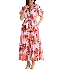 Brave + True Amour Floral Print Mandarin Collar Button Front Belted Short Puff Sleeve Maxi Dress