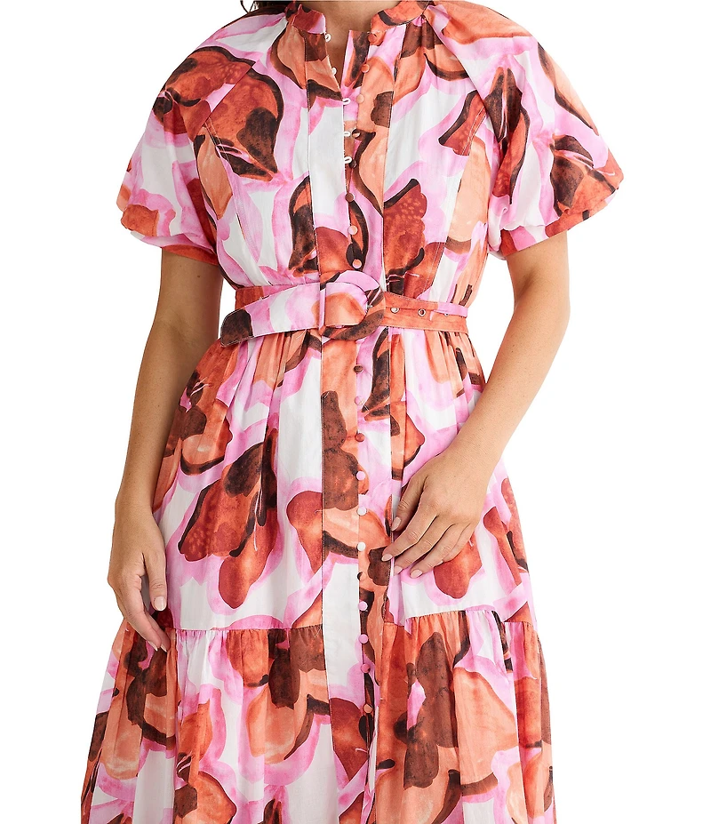 Brave + True Amour Floral Print Mandarin Collar Button Front Belted Short Puff Sleeve Maxi Dress