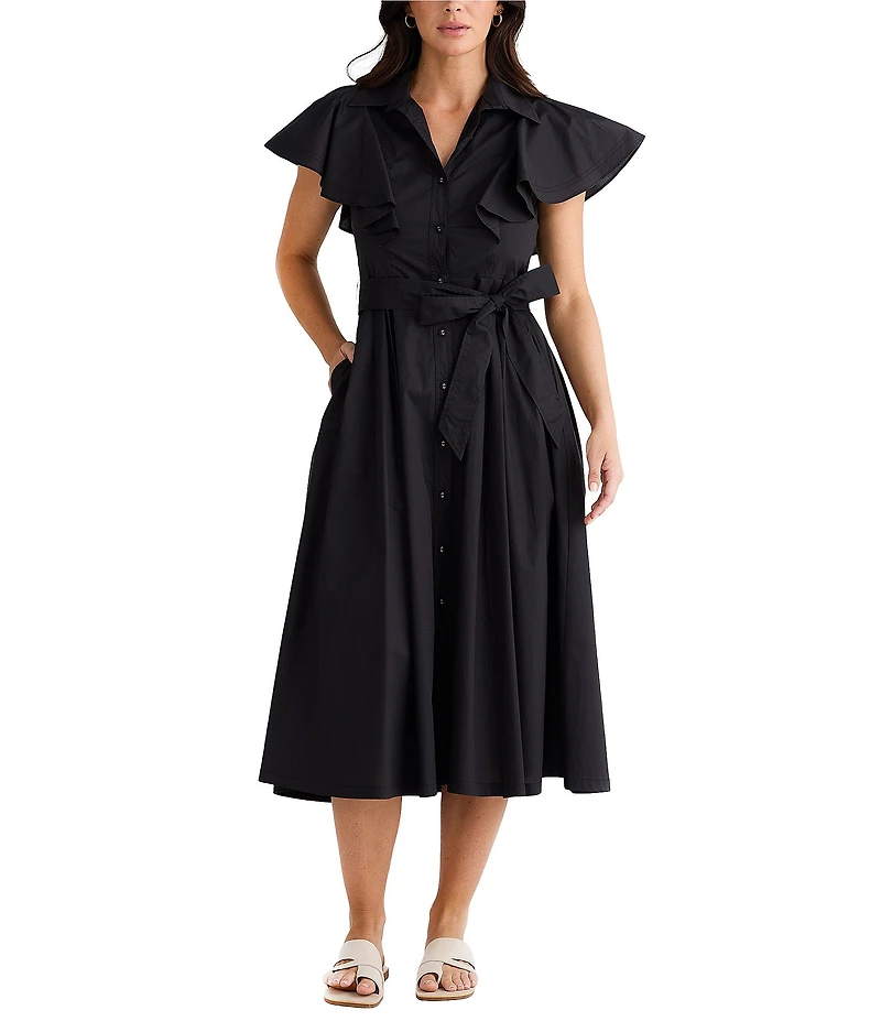 Brave + True Marigold Cotton Ruffle Sleeve Collared V-Neck Button Front Midi Dress