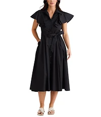 Brave + True Marigold Cotton Ruffle Sleeve Collared V-Neck Button Front Midi Dress