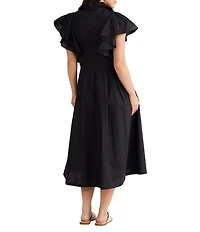Brave + True Marigold Cotton Ruffle Sleeve Collared V-Neck Button Front Midi Dress