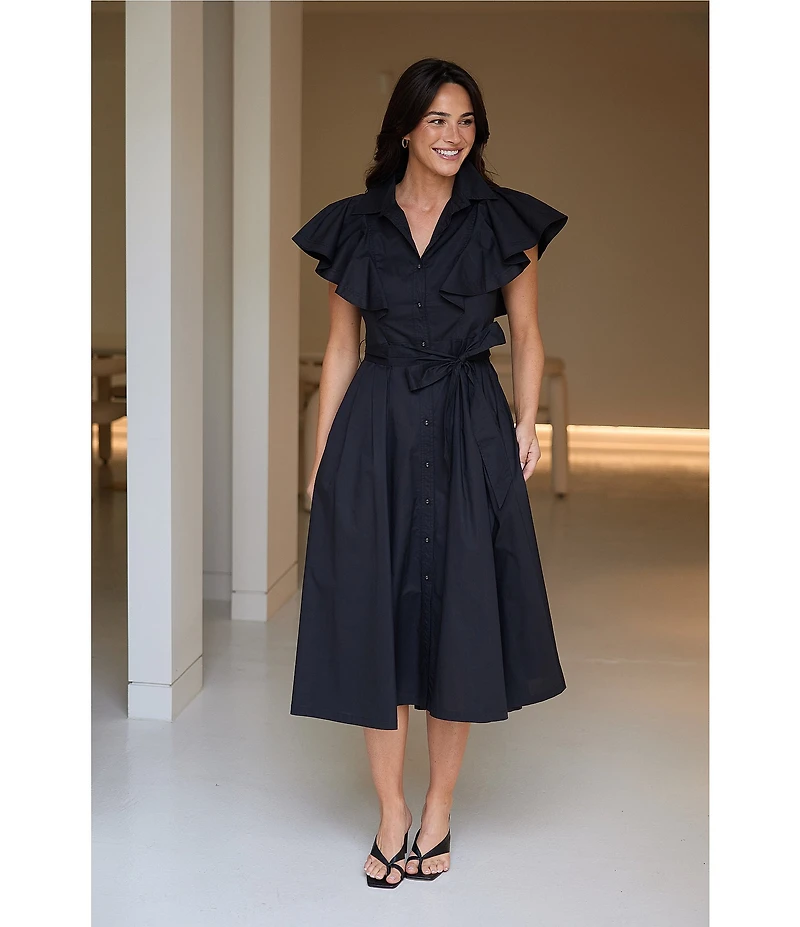 Brave + True Marigold Cotton Ruffle Sleeve Collared V-Neck Button Front Midi Dress