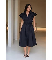 Brave + True Marigold Cotton Ruffle Sleeve Collared V-Neck Button Front Midi Dress