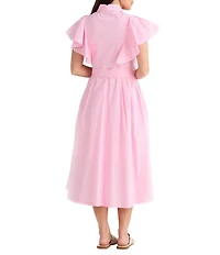 Brave + True Marigold Cotton Ruffle Sleeve Collared V-Neck Button Front Midi Dress