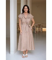 Brave + True Portia Short Sleeve Striped Collared Button Front Midi Dress