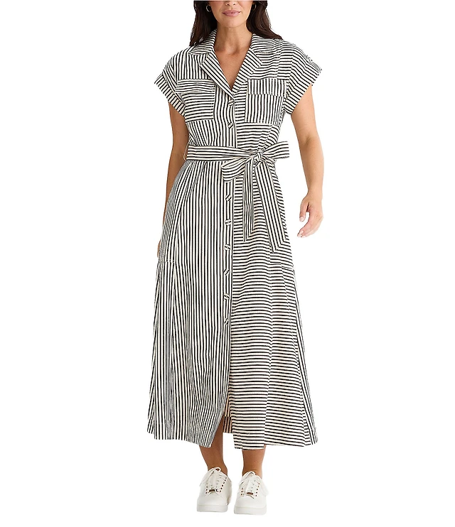 knee length dresses for ladies Rihoas Collared Midi Shirt Dress in Red Linen-Blend main image 1