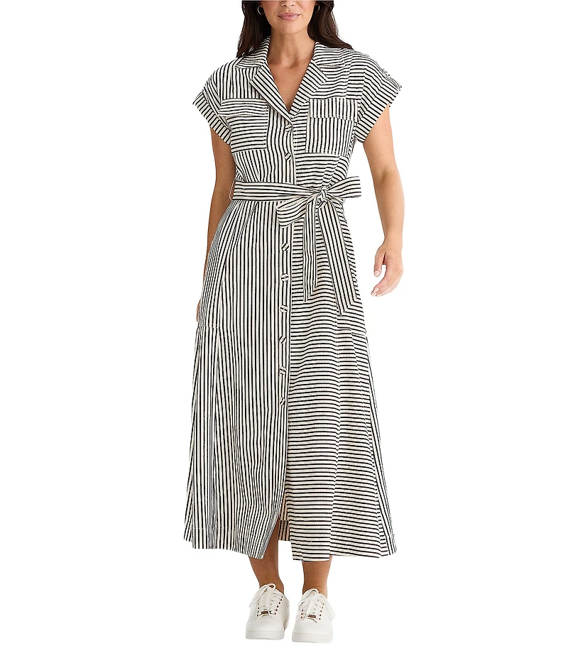 Brave + True Portia Short Cuffed Sleeve Striped Collared Button Front A-Line Midi Dress